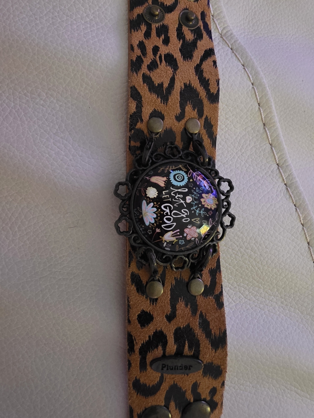 Leopard Print Brown Leather Cuff Bracelet with Floral Charm